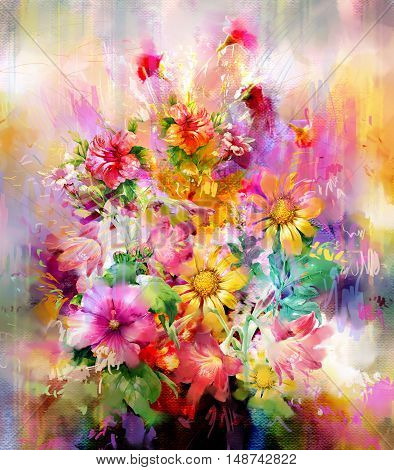 Bouquet of multicolored flowers watercolor painting style