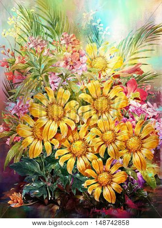 Bouquet of multicolored flowers watercolor painting style