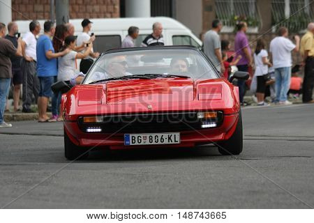 BELGRADE,SERBIA - SEPTEMBER 10, 2016: Ferrari as safety car at the commercial race of old cars in memory of formula 1 race held on the same place in 1939 two days after the beginning of Second World War when the famous Italian driver Tazio Nuvolari won