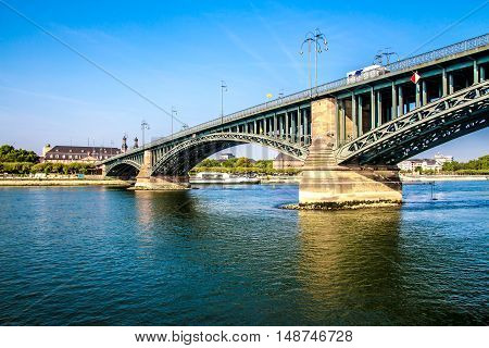 view of a Bridge on the Rhine river in Mainz Germany