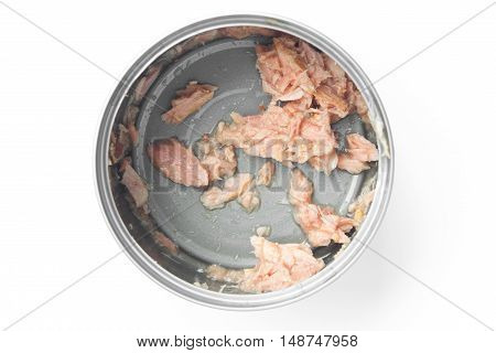 canned tuna isolated on white / Canned soy free albacore white meat tuna packed in water / open tuna tin on a white background / tuna fish isolated on white