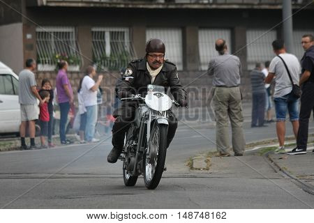 BELGRADE,SERBIA - SEPTEMBER 10, 2016: Oldtimer motorcycle at the commercial race of old cars in memory of formula 1 race held on the same place in 1939 two days after the beginning of Second World War when the famous Italian driver Tazio Nuvolari won