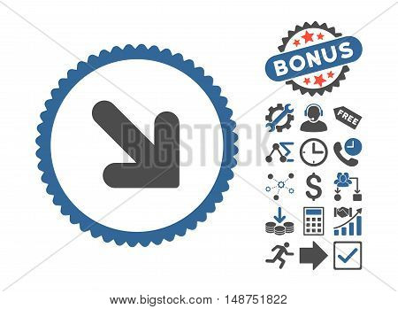 Arrow Down Right pictograph with bonus icon set. Glyph illustration style is flat iconic bicolor symbols, cobalt and gray colors, white background.
