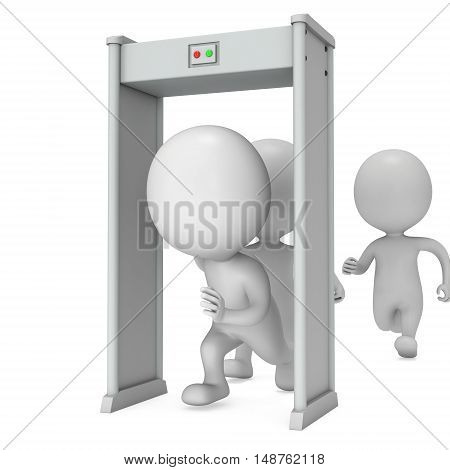 3D metal detector scanner and running people chase isolated on white background. Scanner entrance gate for prevent crime or terrorism in public place. Security concept.