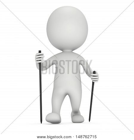 Nordic walking white blank man. 3d render illustration isolated on white background. Concept of helthcare and fitness small people.