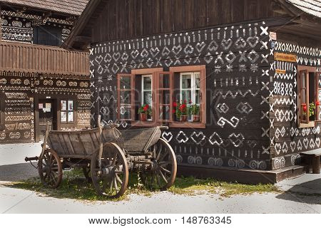 CICMANY, SLOVAK REPUBLIC, AUGUST 23, 2016: Traditional folk architecture. The old wooden house painted ornament. The village Cicmany with the painted wooden houses is on the list of UNESCO.