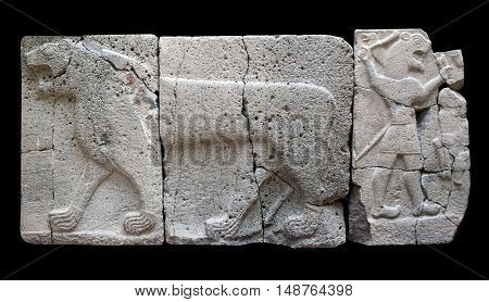 ISTANBUL, TURKEY - OCTOBER 30, 2015: Ancient stone bas-relief with Lion (Aslan) of late Hittite period in the Istanbul Archaeology Museum.