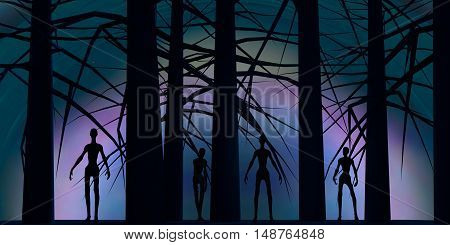 Zombie silhouettes in dark forest. Halloween theme background