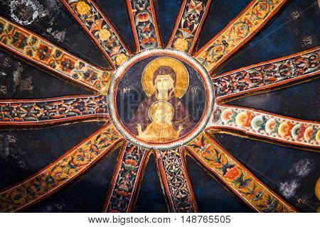 ISTANBUL, TURKEY - OCTOBER 31, 2015: Hodegetria icon - dome of the parecclesion in ancient orthodox Church of the Holy Saviour in Chora.