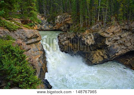 Sunwapta Falls from Sunwapta River in National Park Jasper, Alberta, Canada