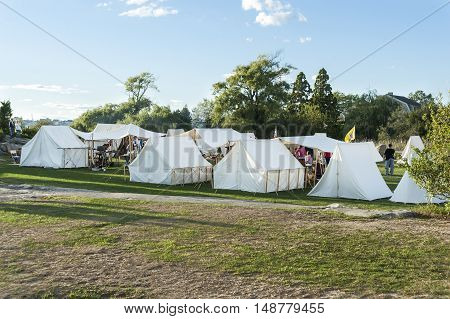 Fairhaven Massachusetts USA - September 24 2016: Fairhaven Village Militia recreating a Revolutionary War encampment at Fort Phoenix in Fairhaven Massachusetts