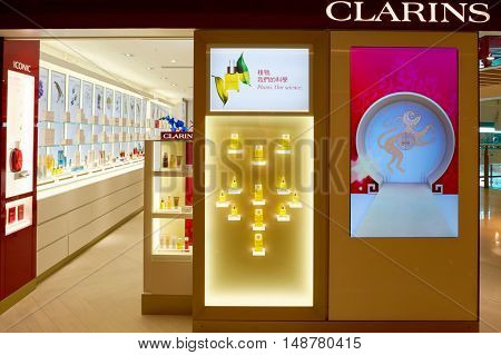 HONG KONG - CIRCA JANUARY, 2016:Clarins store in Hong Kong. Clarins, is a French luxury cosmetics company, which manufactures worldwide prestige skincare, cosmetics and fragrances.