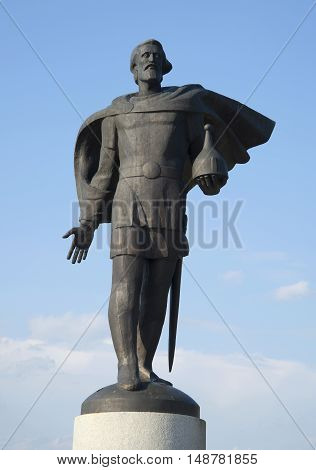VELIKIY NOVGOROD, RUSSIA - JULY 04, 2015: Sculpture of Alexander Nevsky against the blue summer sky. Historical landmark of the city Veliky Novgorod