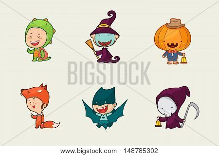 Kids In Halloween Costume, Cute Character Design, Vector Illustration.