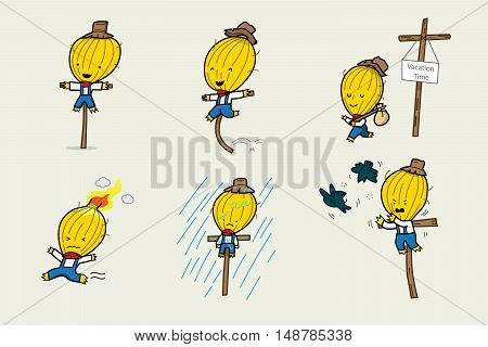 Scarecrow cartoon character design Halloween set Vector illustration.