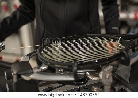 Detail Of Tennis Racket In The Stringing Machine