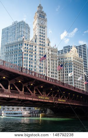 The iconic DuSable bridge and Michigan Ave in Chicago, Illinois, USA on a hot summer's day