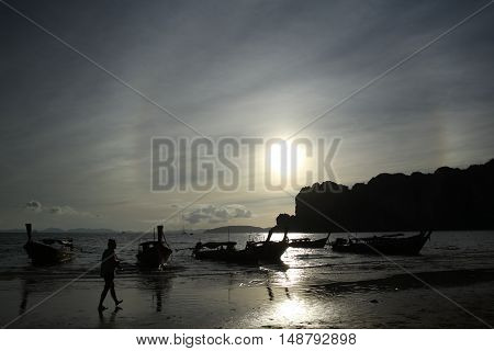 Sunset at Railay Beach sun light is very strong.