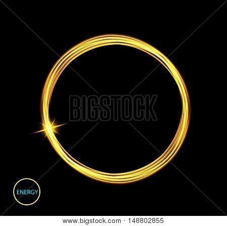 Round energy frame. Shining circle banner. Magic light neon energy circle. Glowing fire ring trace. Glitter sparkle swirl trail effect on black background. Easy to use.