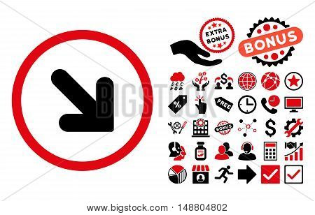 Arrow Down Right pictograph with bonus icon set. Vector illustration style is flat iconic bicolor symbols, intensive red and black colors, white background.