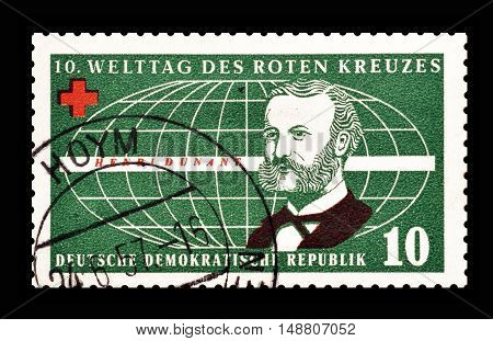 GERMAN DEMOCRATIC REPUBLIC - CIRCA 1957 : Cancelled postage stamp printed by German Democratic Republic, that shows Henri Dunant.