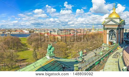 The view on Alexander Garden Admiralty building and Neva embankment from the Colonnade of St Isaac's Cathedral St Petersburg Russia.