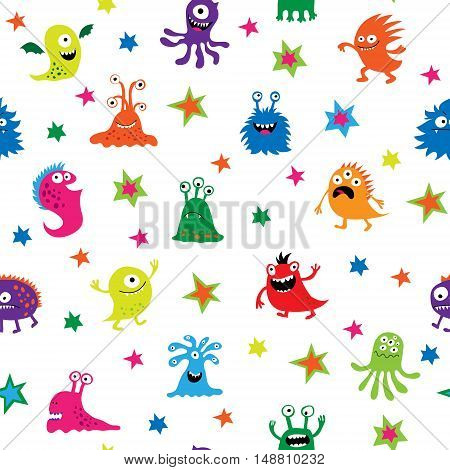 Seamless pattern with a different monsters and stars