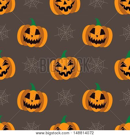 Seamless background for Halloween with pumpkins and cobweb. Vector illustration in modern flat design.