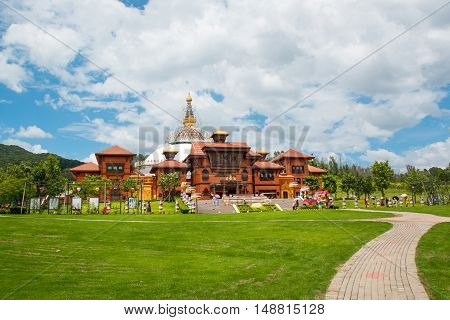 NANSHAN CHINA - 15.09.2016: Chinese temple and people in park Nanshan Hainan China