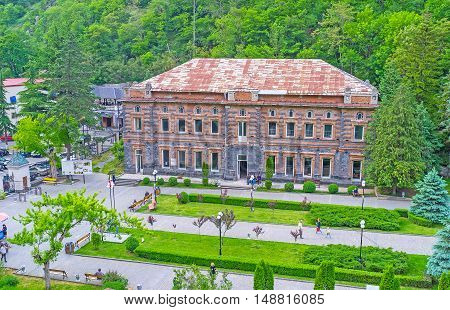 BORJOMI GEORGIA - MAY 26 2016: The view from the cable car on the Mineral Water Park with its green alleys and flower beds on May 26 in Borjomi.