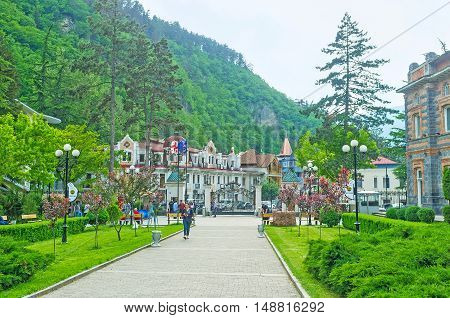 BORJOMI GEORGIA - MAY 26 2016: The Mineral Water Park located in narrow gorge of Borjomi-Kharagauli Nature Reserve on May 26 in Borjomi.