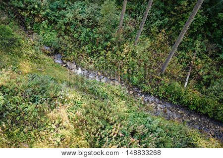 Tiny mountain river in the Carpathians top view from the lift