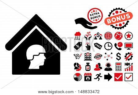 Barrack Building icon with bonus icon set. Vector illustration style is flat iconic bicolor symbols, intensive red and black colors, white background.