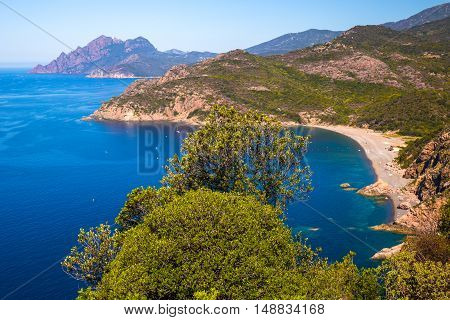 View to Plage de Bussaglia and Punta Rosa near Porto town Corsica France Europe.