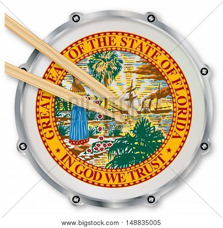 Florida state seal snare drum batter head with tuning screws and with drumsticks over a white background
