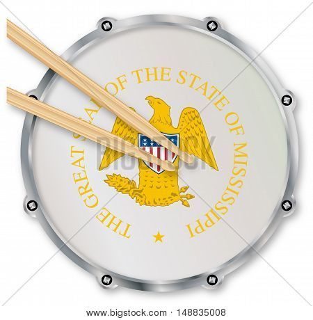 Mississippi state seal snare drum batter head with tuning screws and with drumsticks over a white background