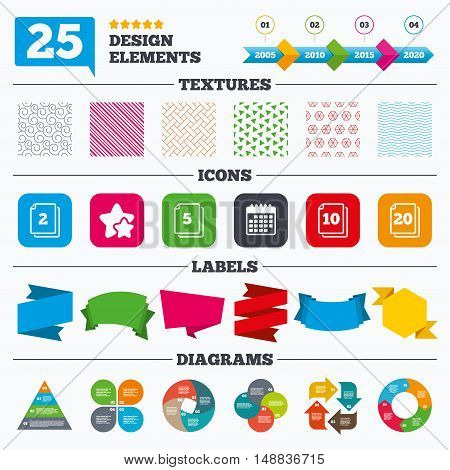 Offer sale tags, textures and charts. In pack sheets icons. Quantity per package symbols. 2, 5, 10 and 20 paper units in the pack signs. Sale price tags. Vector