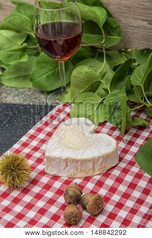 Neufchatel cheese on a red and white tablecloth with glasse of wine