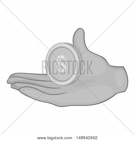 Hand holding coin icon in black monochrome style isolated on white background. Money symbol vector illustration