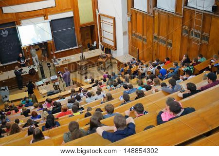 MOSCOW, RUSSIA - MAY 17, 2014: Students at Day of physics in Moscow State University. MSU was founded in 1755