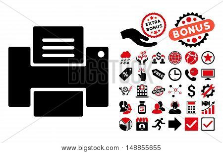 Printer pictograph with bonus elements. Vector illustration style is flat iconic bicolor symbols intensive red and black colors white background.