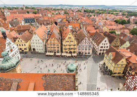 Aerial view of Rothenburg ob der Tauber historic town downtown Franconia, Bavaria, Germany