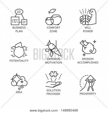 Black flat line vector set icons with a picture of a symbol business process and conducting business on white background.