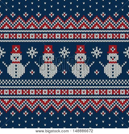 Winter Holiday Sweater Design with Snowman and Christmas Tree. Seamless Knitted Pattern