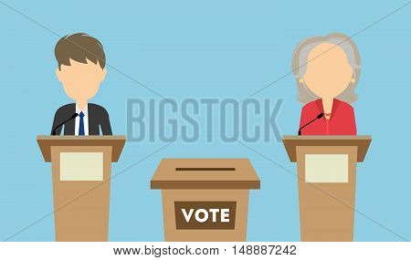 Debates on election. Two speaker on tribunes. Vote ballot box. Concept of voting, ellection and balloting. Election campaign.