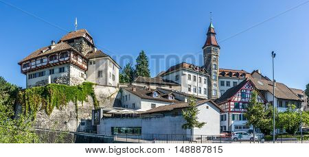 FRAUENFELD,SWITZERLAND - AUGUST 26,2016 - Castle and City hall in Frauenfeld. Frauenfeld is the capital of the canton of Thurgau in Switzerland.