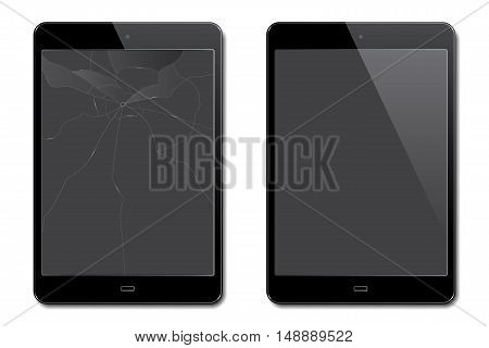 Vector realistic broken and new tablets on white background.