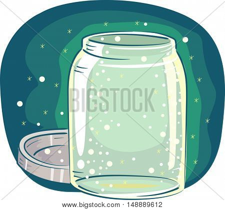 Animal Illustration Featuring an Open Glass Jar Filled with Tiny Fireflies