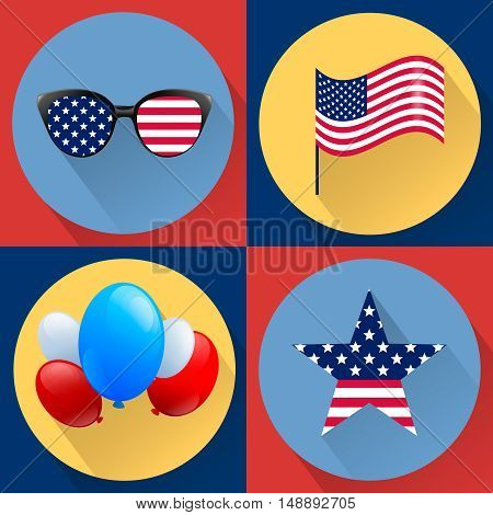 Set of patriotic vectors dedicated to the Fourth of july. Independence day USA. Flag glasses ballons and star. Stock image.