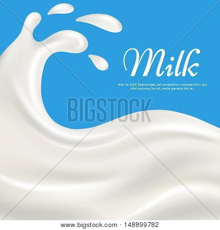 Milk with splashes realistic vector illustration. Pouring cream yogurt background